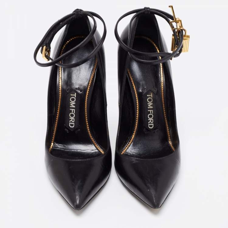 Pre Owned Tom Ford Black Leather Padlock Ankle Wrap Pointed Toe Pumps Size 37