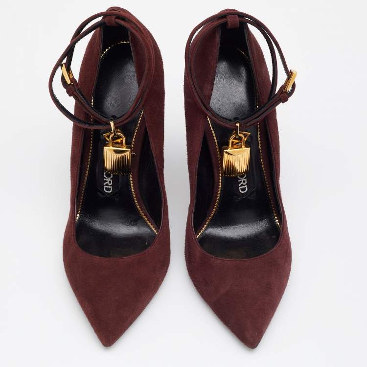 Pre Owned Tom Ford Burgundy Suede Padlock Ankle Wrap Pumps Size 37