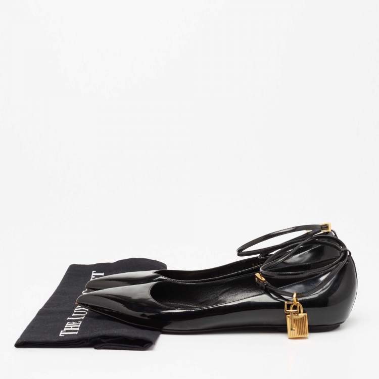 Pre Owned Tom Ford Black Patent Leather Ankle Wrap Lock Ballet Flats Size 41