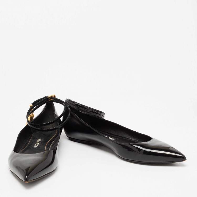 Pre Owned Tom Ford Black Patent Leather Ankle Wrap Lock Ballet Flats Size 41