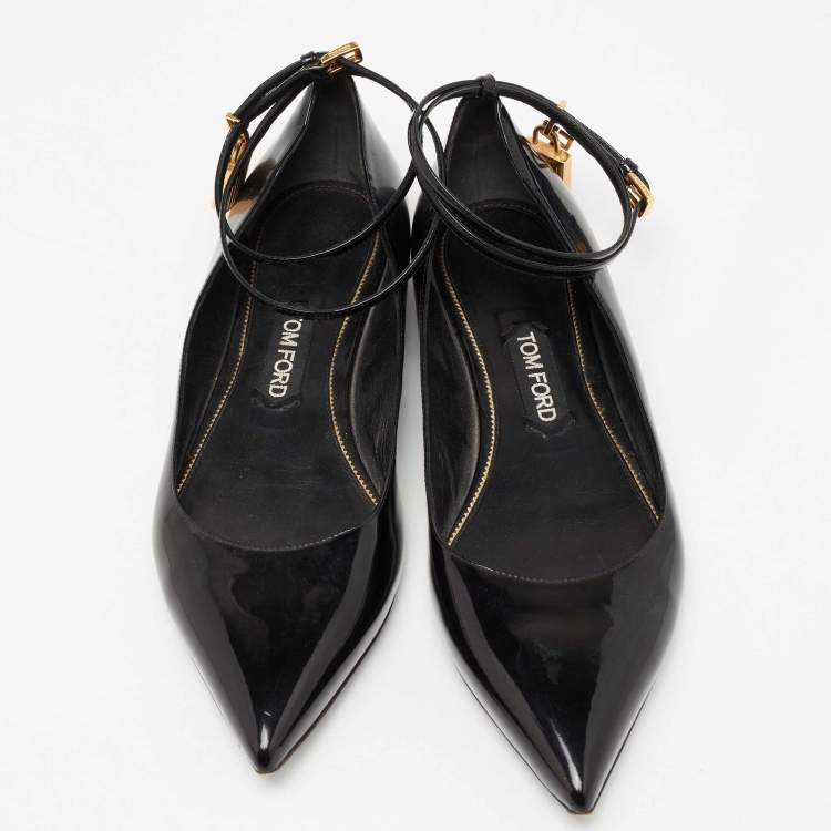 Pre Owned Tom Ford Black Patent Leather Ankle Wrap Lock Ballet Flats Size 41