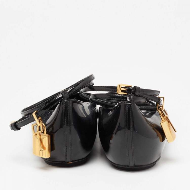 Pre Owned Tom Ford Black Patent Leather Ankle Wrap Lock Ballet Flats Size 41