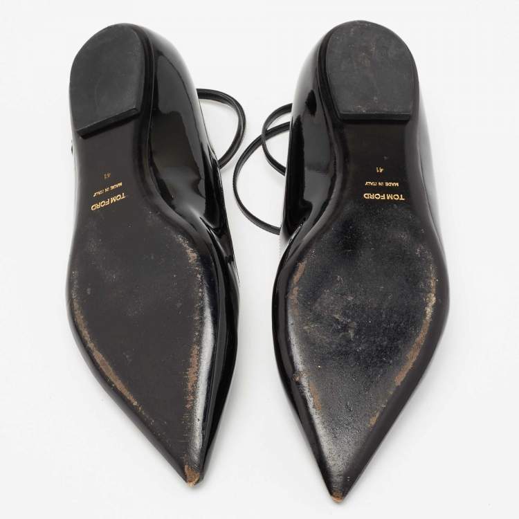 Pre Owned Tom Ford Black Patent Leather Ankle Wrap Lock Ballet Flats Size 41