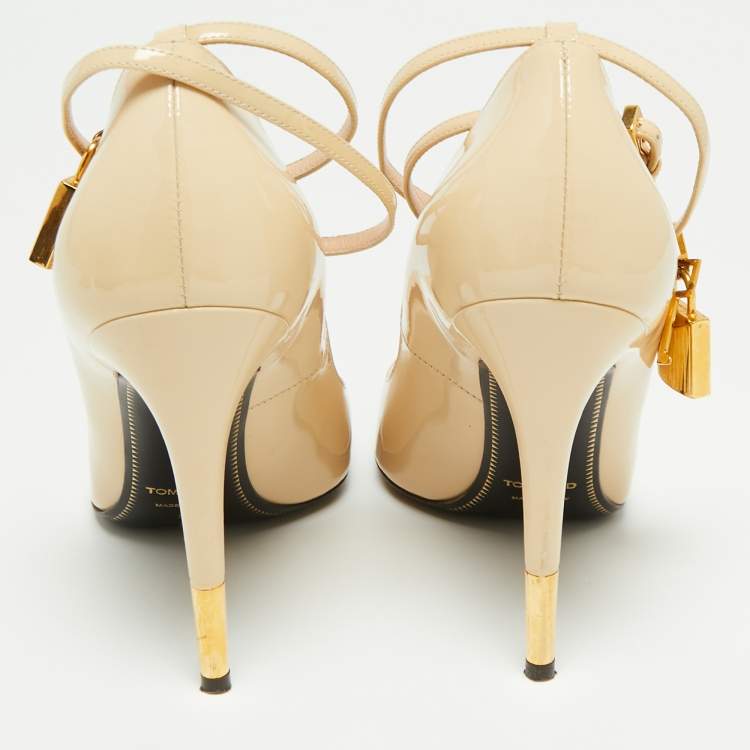 Pre Owned Tom Ford Beige Patent Leather Padlock Ankle Wrap Pointed Toe Pumps Size 39