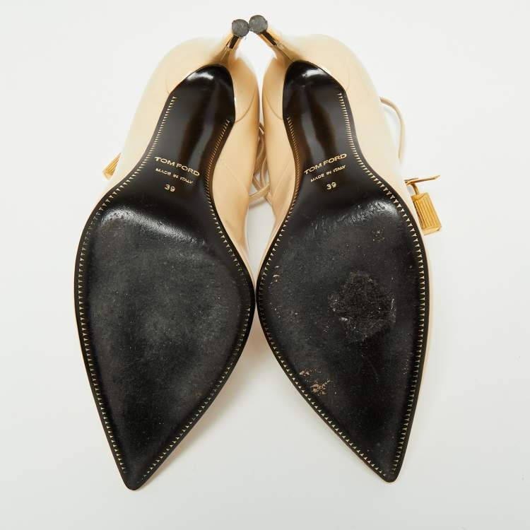 Pre Owned Tom Ford Beige Patent Leather Padlock Ankle Wrap Pointed Toe Pumps Size 39