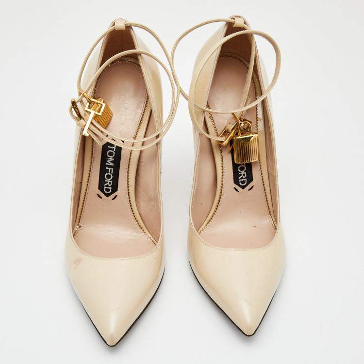 Pre Owned Tom Ford Beige Patent Leather Padlock Ankle Wrap Pointed Toe Pumps Size 39