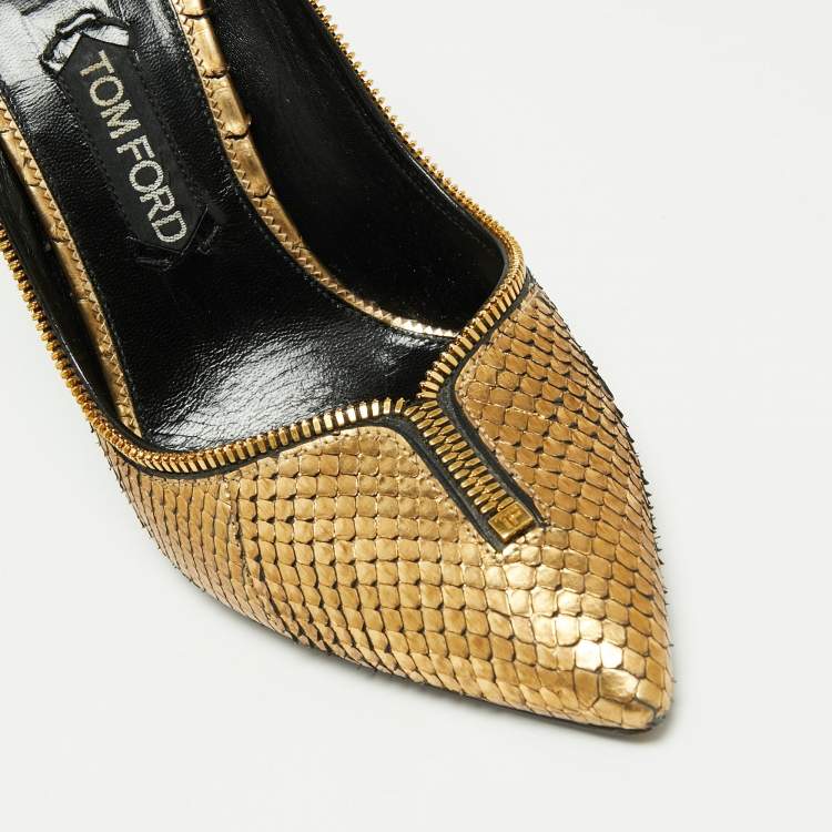 Pre Owned Tom Ford Metallic Gold Python Leather Zipper Trim Pumps Size 40.5