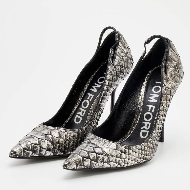 Pre Owned Tom Ford Metallic Silver Python Leather Pointed Toe Pumps Size 38