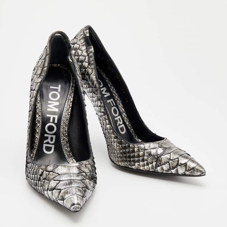 Pre Owned Tom Ford Metallic Silver Python Leather Pointed Toe Pumps Size 38