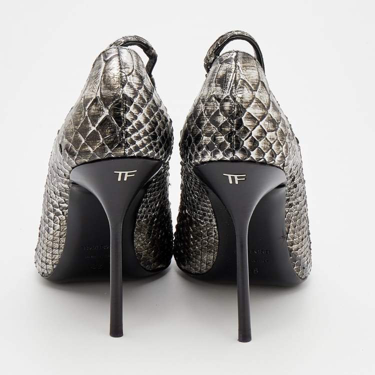 Pre Owned Tom Ford Metallic Silver Python Leather Pointed Toe Pumps Size 38