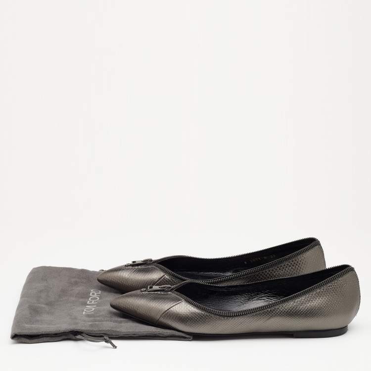 Pre Owned Tom Ford Metallic Grey Karung Embossed Leather Zipper Pointed Toe Ballet Flats Size 39