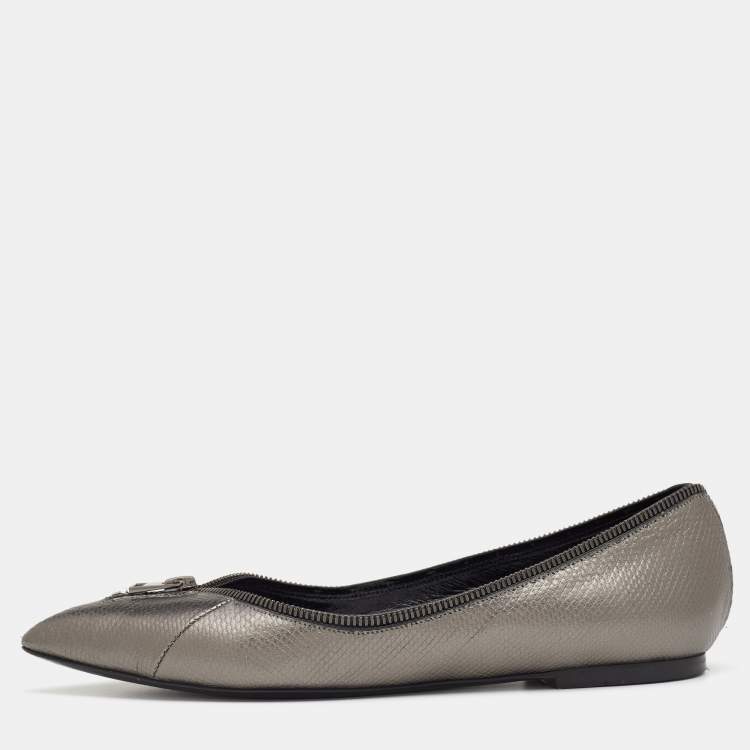 Pre Owned Tom Ford Metallic Grey Karung Embossed Leather Zipper Pointed Toe Ballet Flats Size 39