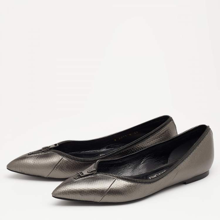 Pre Owned Tom Ford Metallic Grey Karung Embossed Leather Zipper Pointed Toe Ballet Flats Size 39
