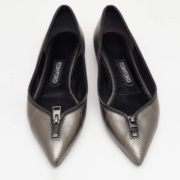Pre Owned Tom Ford Metallic Grey Karung Embossed Leather Zipper Pointed Toe Ballet Flats Size 39