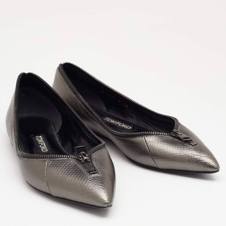 Pre Owned Tom Ford Metallic Grey Karung Embossed Leather Zipper Pointed Toe Ballet Flats Size 39