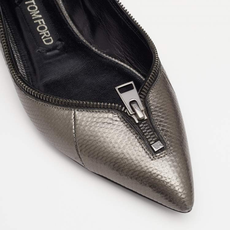 Pre Owned Tom Ford Metallic Grey Karung Embossed Leather Zipper Pointed Toe Ballet Flats Size 39