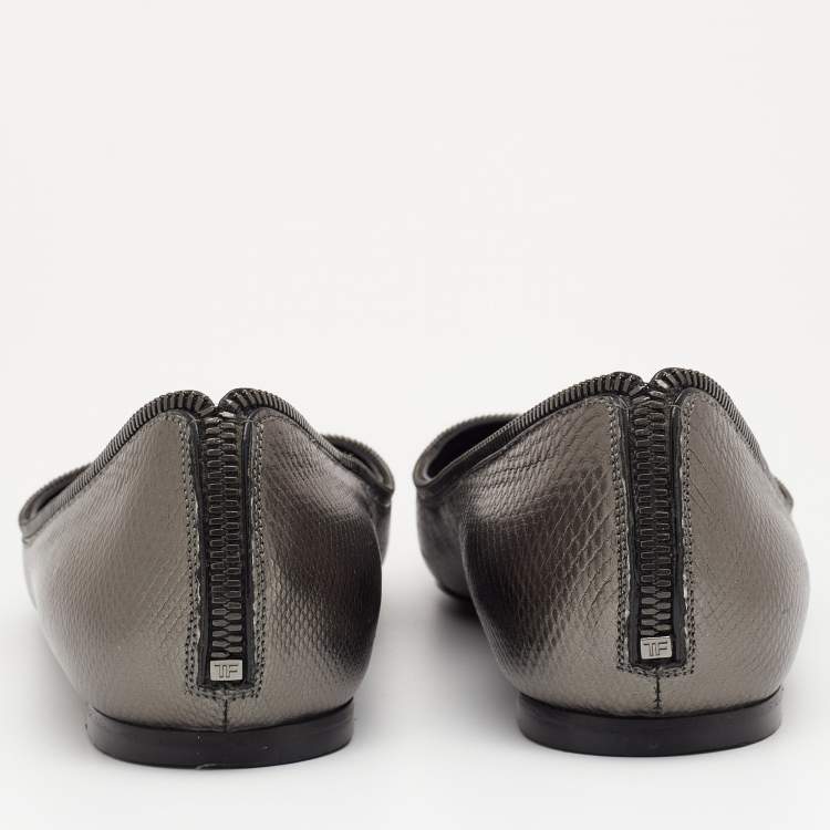 Pre Owned Tom Ford Metallic Grey Karung Embossed Leather Zipper Pointed Toe Ballet Flats Size 39