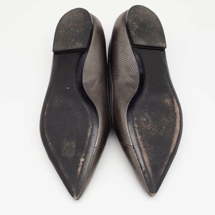 Pre Owned Tom Ford Metallic Grey Karung Embossed Leather Zipper Pointed Toe Ballet Flats Size 39