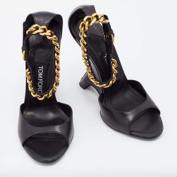 Pre Owned Tom Ford Black Leather Ankle Chain Strap Wedge Sandals Size 39