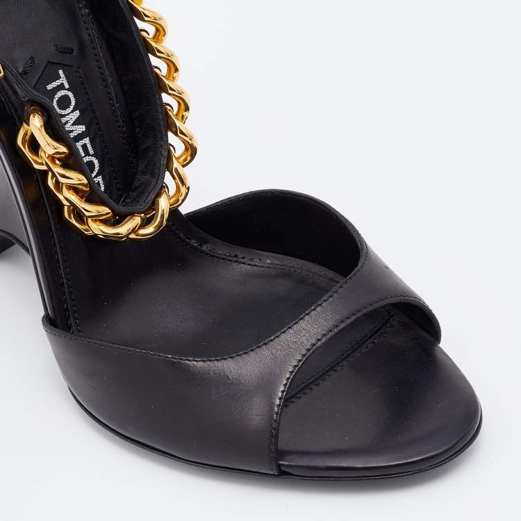 Pre Owned Tom Ford Black Leather Ankle Chain Strap Wedge Sandals Size 39