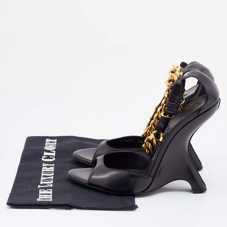 Pre Owned Tom Ford Black Leather Ankle Chain Strap Wedge Sandals Size 39