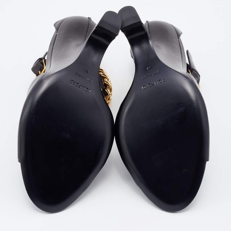 Pre Owned Tom Ford Black Leather Ankle Chain Strap Wedge Sandals Size 39