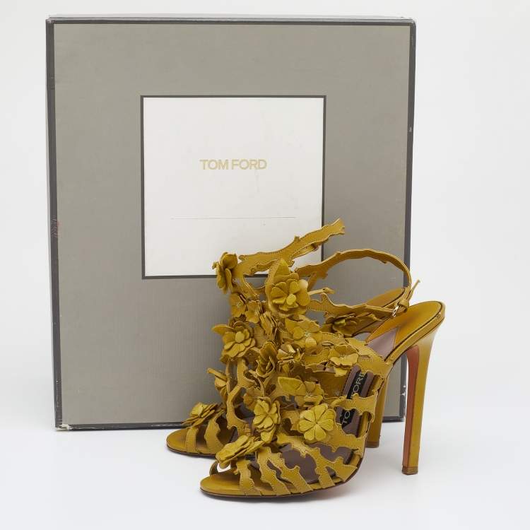 Pre Owned Tom Ford Mustard Yellow Leather Floral Embellished Ankle Strap Sandals Size 38