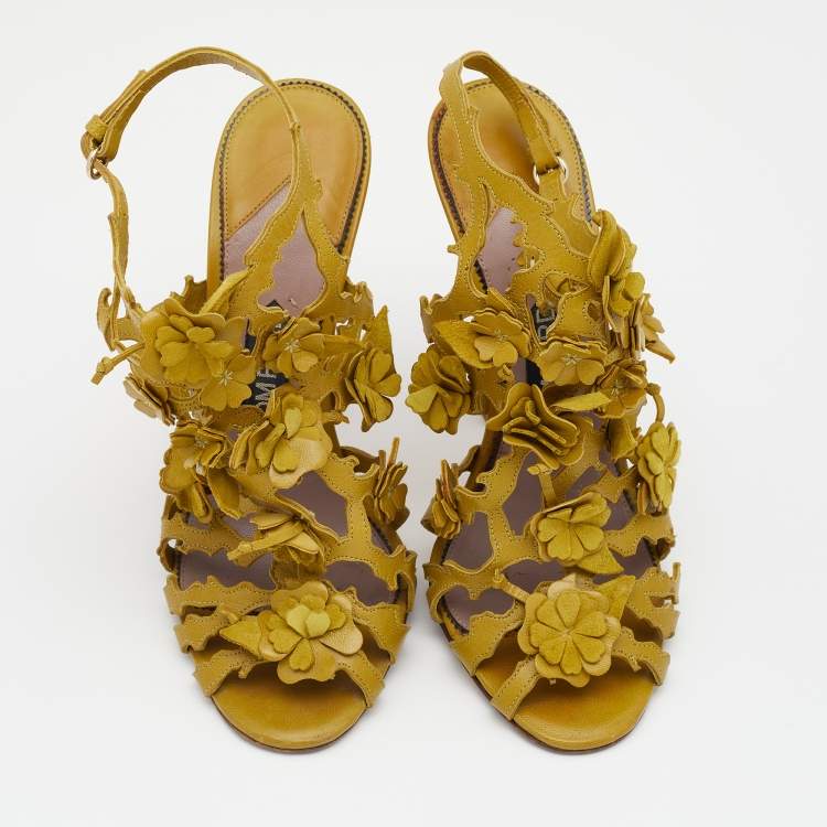 Pre Owned Tom Ford Mustard Yellow Leather Floral Embellished Ankle Strap Sandals Size 38