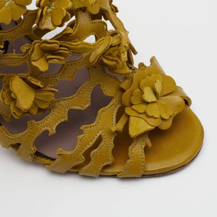 Pre Owned Tom Ford Mustard Yellow Leather Floral Embellished Ankle Strap Sandals Size 38