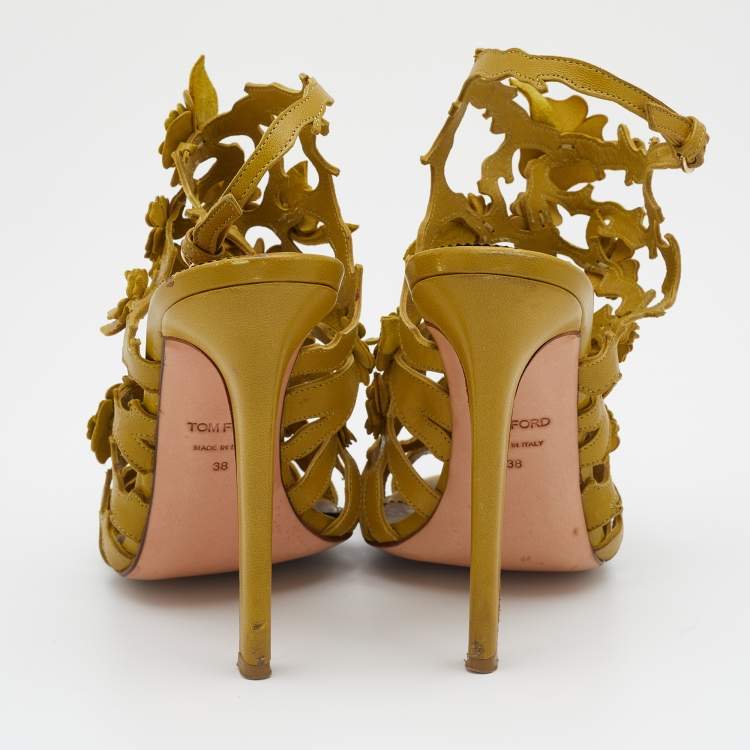 Pre Owned Tom Ford Mustard Yellow Leather Floral Embellished Ankle Strap Sandals Size 38