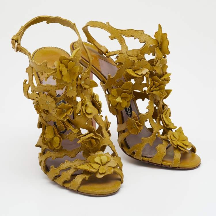 Pre Owned Tom Ford Mustard Yellow Leather Floral Embellished Ankle Strap Sandals Size 38
