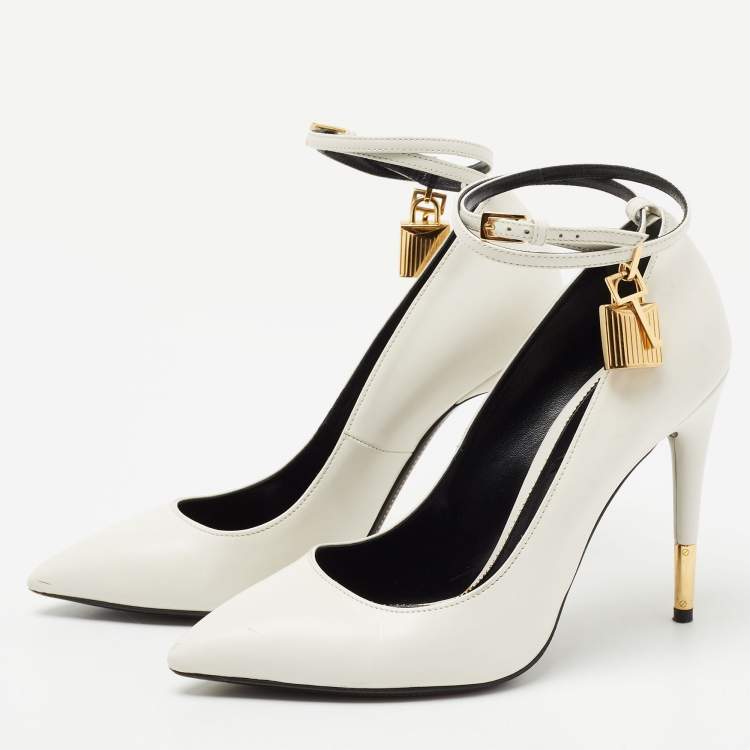 Padlock Ankle Strap Lock and Key Open Pointed Toe Heels White