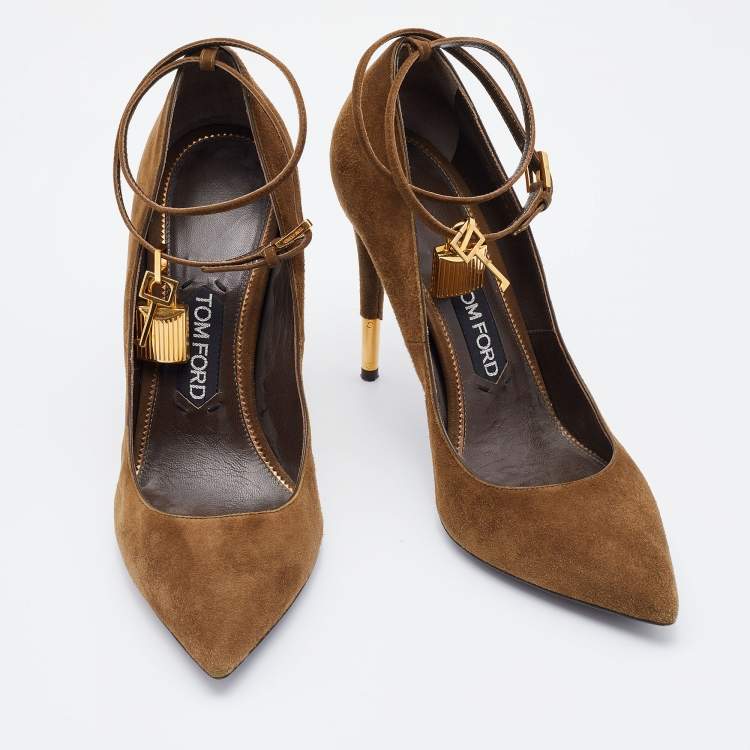Pre Owned Tom Ford Olive Green Suede Padlock Ankle Wrap Pointed Toe Pumps Size 39