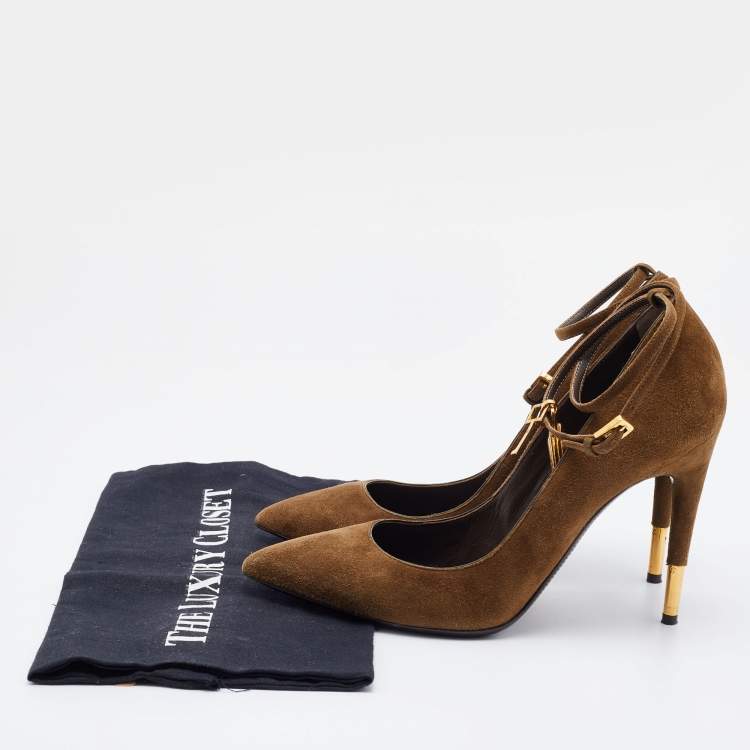 Pre Owned Tom Ford Olive Green Suede Padlock Ankle Wrap Pointed Toe Pumps Size 39