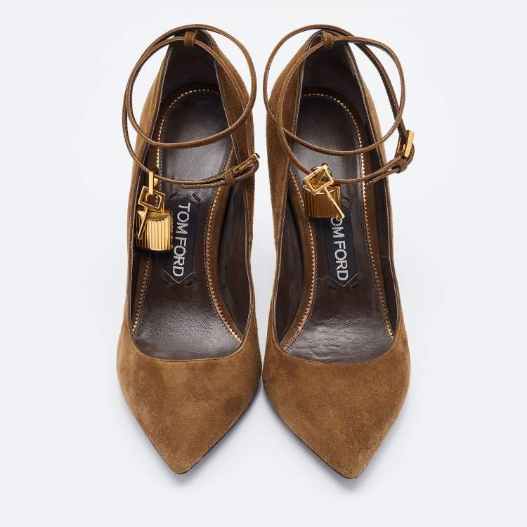 Pre Owned Tom Ford Olive Green Suede Padlock Ankle Wrap Pointed Toe Pumps Size 39