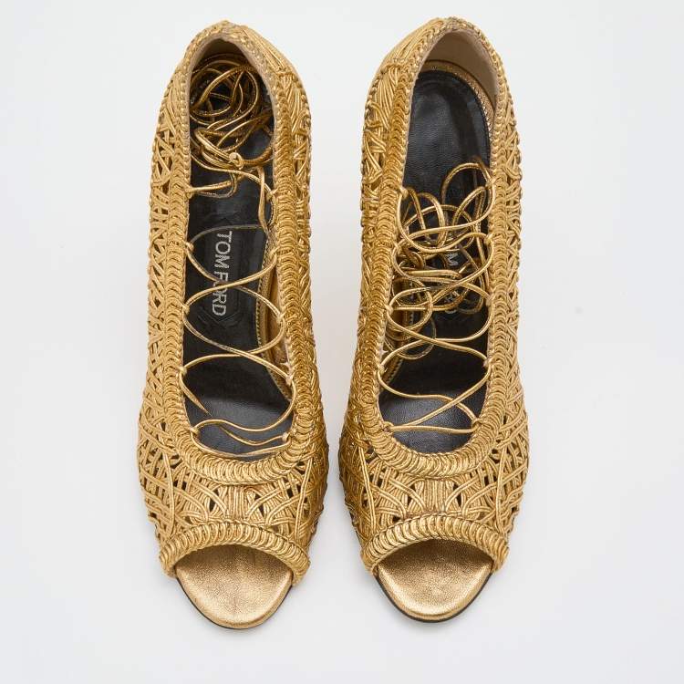 Pre Owned Tom Ford Metallic Gold Woven Leather Lace Up Pumps Size 41