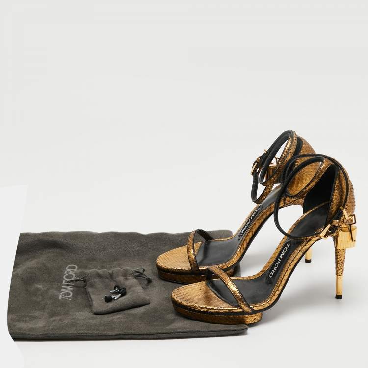 Pre Owned Tom Ford Gold Python Leather Padlock Ankle Strap Mini Platform Sandals Size 36
