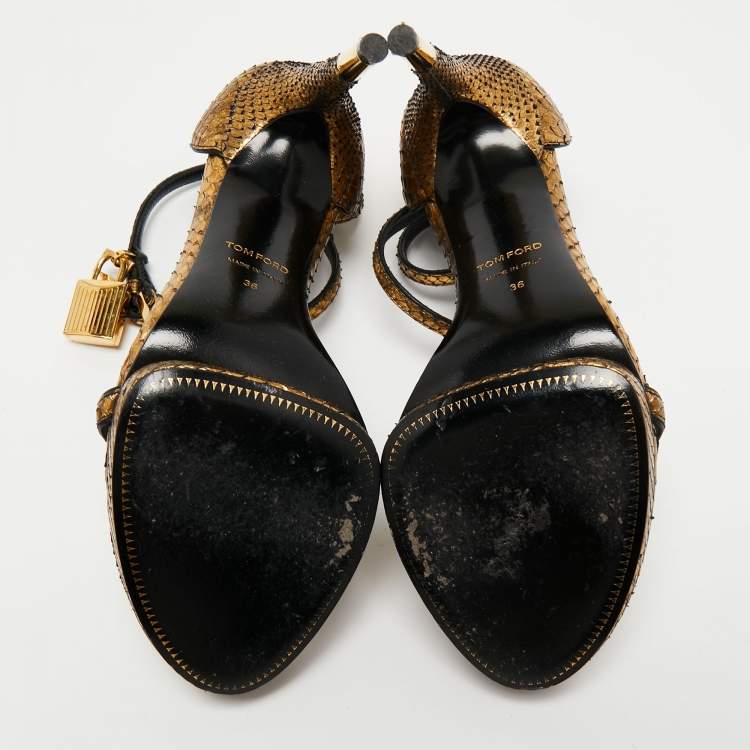 Pre Owned Tom Ford Gold Python Leather Padlock Ankle Strap Mini Platform Sandals Size 36