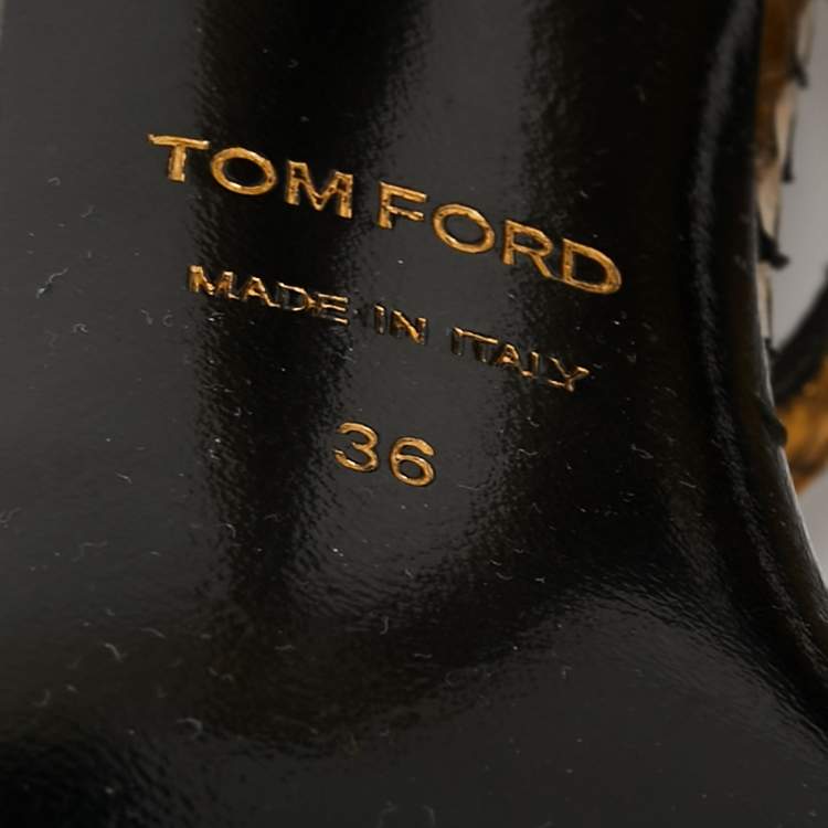 Pre Owned Tom Ford Gold Python Leather Padlock Ankle Strap Mini Platform Sandals Size 36