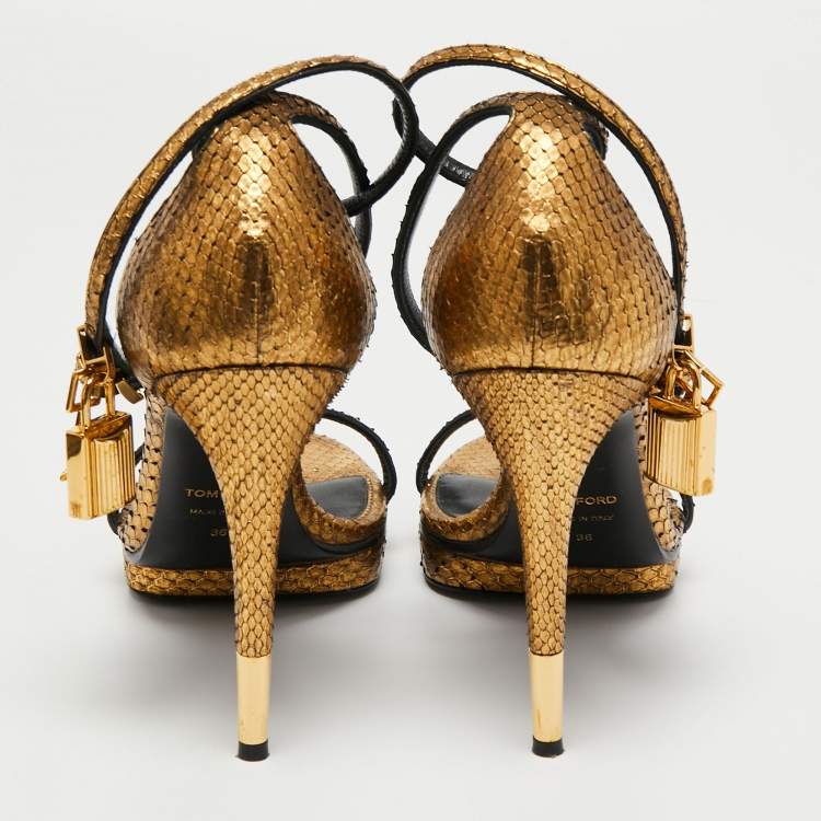 Pre Owned Tom Ford Gold Python Leather Padlock Ankle Strap Mini Platform Sandals Size 36
