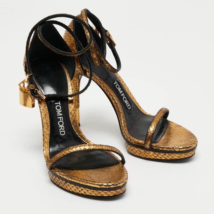 Pre Owned Tom Ford Gold Python Leather Padlock Ankle Strap Mini Platform Sandals Size 36