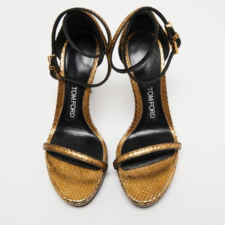 Pre Owned Tom Ford Gold Python Leather Padlock Ankle Strap Mini Platform Sandals Size 36