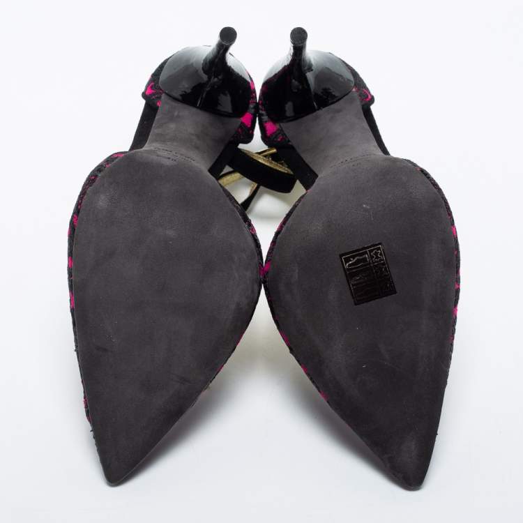 Pre Owned Tom Ford Pink/Black Embroidered Fabric Pointed Toe Ankle Strap Pumps Size 40