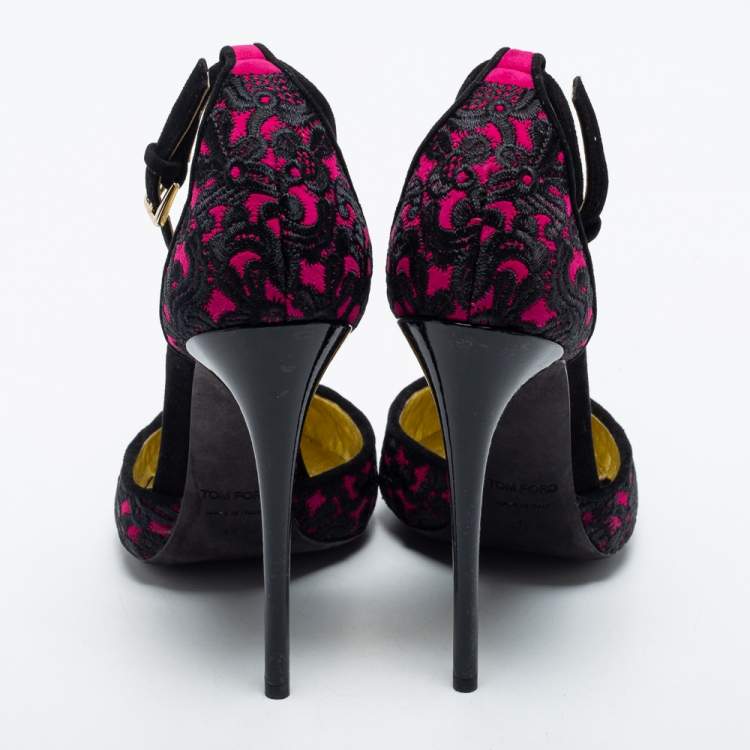 Pre Owned Tom Ford Pink/Black Embroidered Fabric Pointed Toe Ankle Strap Pumps Size 40