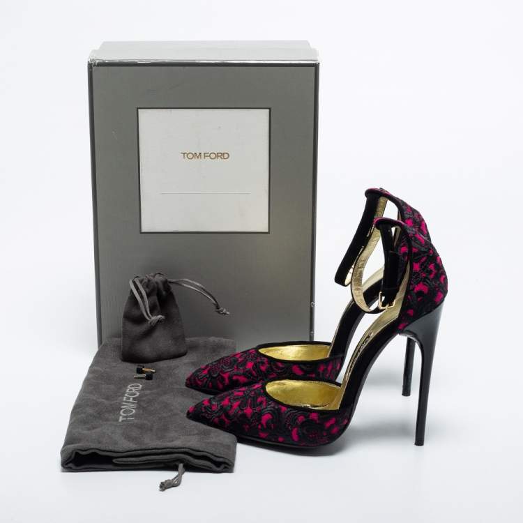 Pre Owned Tom Ford Pink/Black Embroidered Fabric Pointed Toe Ankle Strap Pumps Size 40