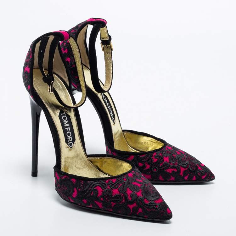 Pre Owned Tom Ford Pink/Black Embroidered Fabric Pointed Toe Ankle Strap Pumps Size 40