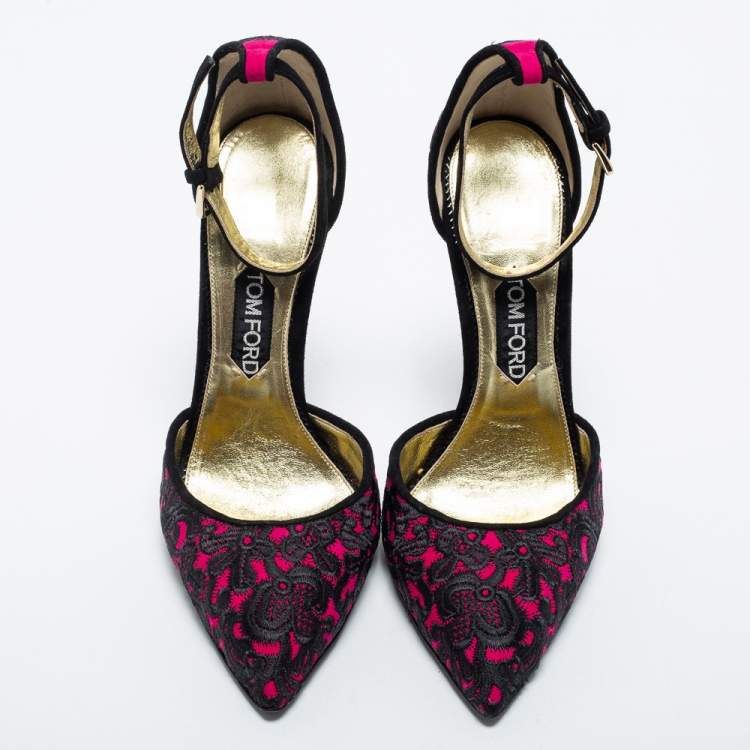 Pre Owned Tom Ford Pink/Black Embroidered Fabric Pointed Toe Ankle Strap Pumps Size 40