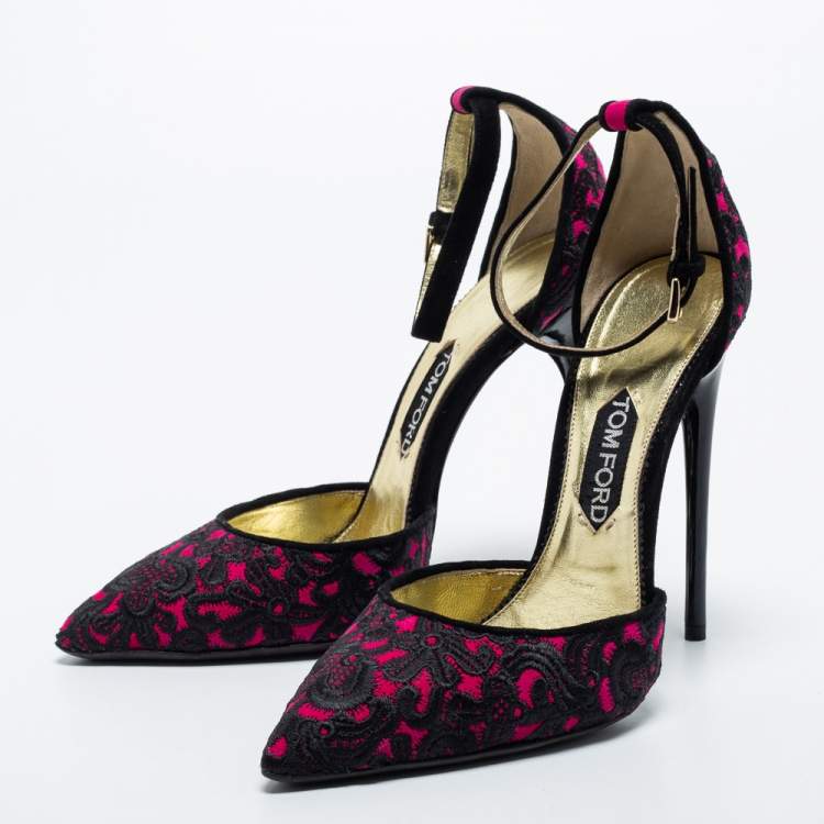 Pre Owned Tom Ford Pink/Black Embroidered Fabric Pointed Toe Ankle Strap Pumps Size 40