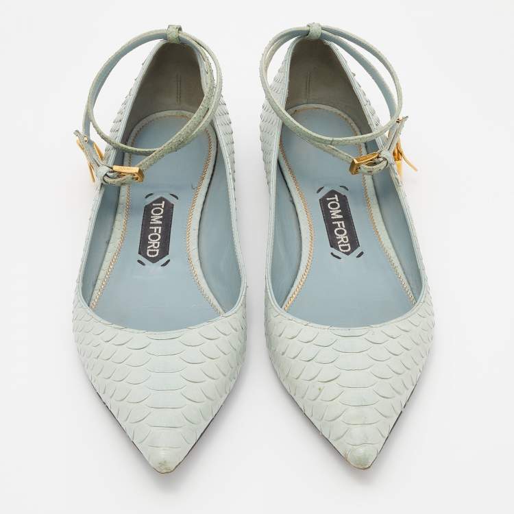 Pre Owned Tom Ford Pale Green Python Padlock Ankle Wrap Pointed Toe Flats Size 39