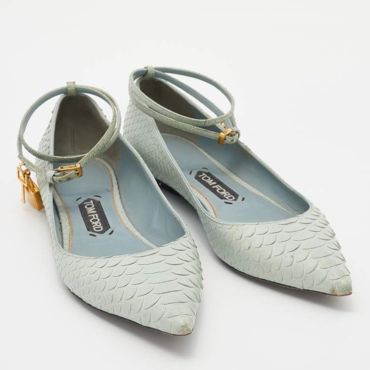 Pre Owned Tom Ford Pale Green Python Padlock Ankle Wrap Pointed Toe Flats Size 39